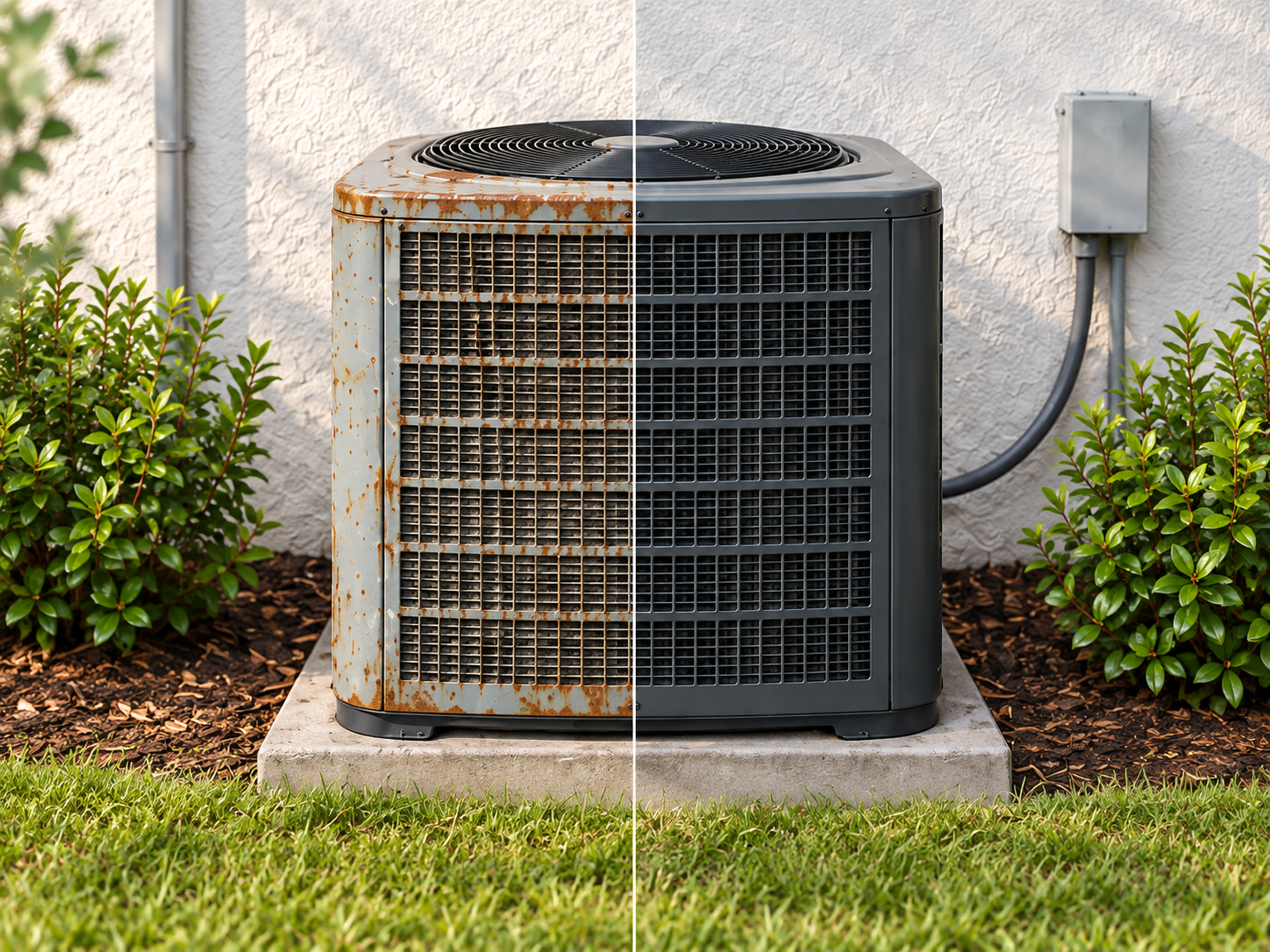Illustration of an outdoor AC unit, with a weathered cabinet on the left and a restored charcoal cabinet on the right